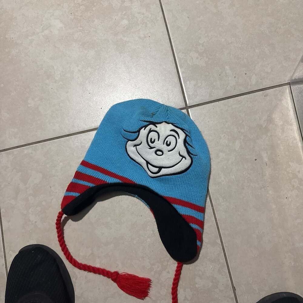 Dr. Seuss Cat in the Hat Knit Beanie Ear Flap Hat Blue Red Tassels